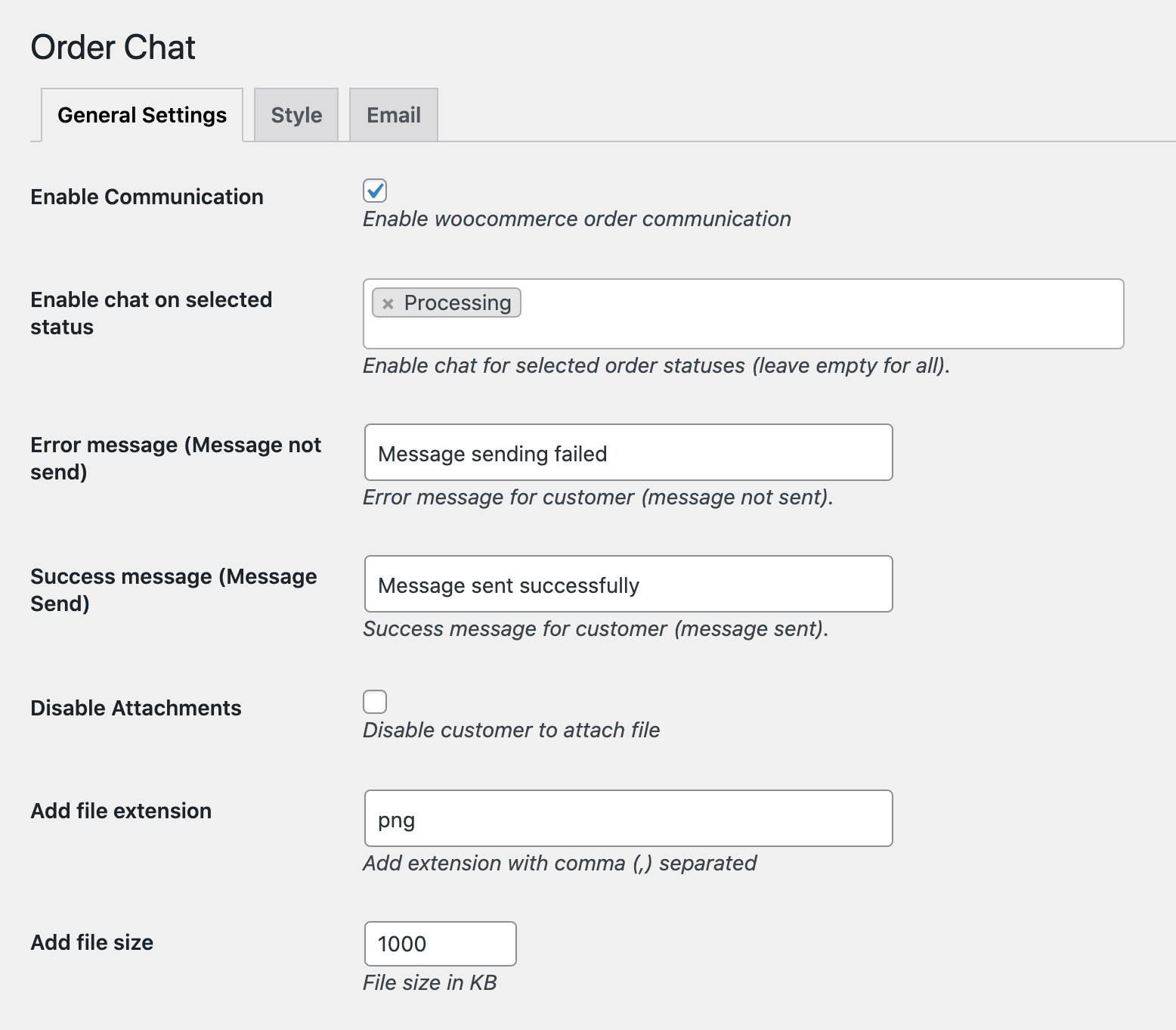 order chat for woocommerce general setting