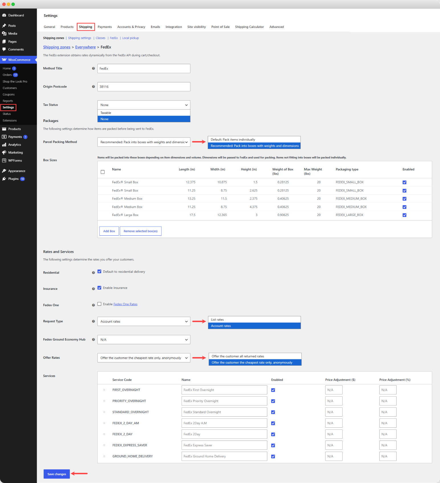 FedEx Shipping Settings